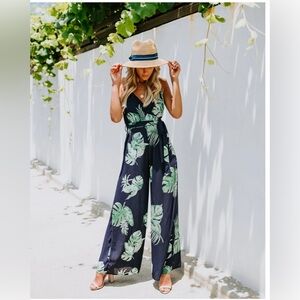 Vici Midnight Blue Tropical/Leafy Sleeveless Crossback Jumpsuit